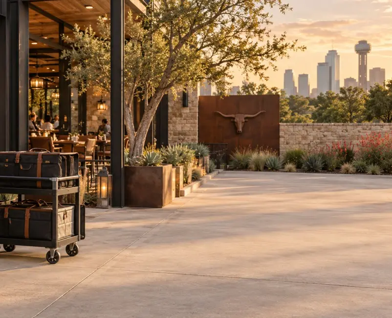Dallas hospitality terrace overlooking the skyline at sunset