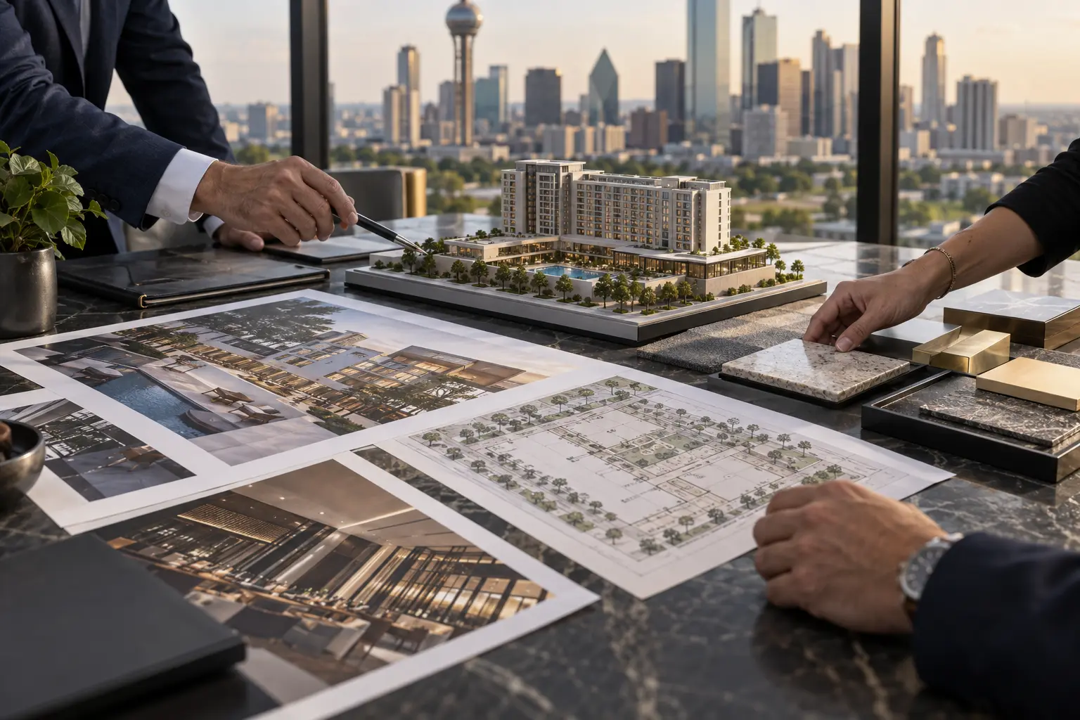 Property development planning with architectural model and material samples